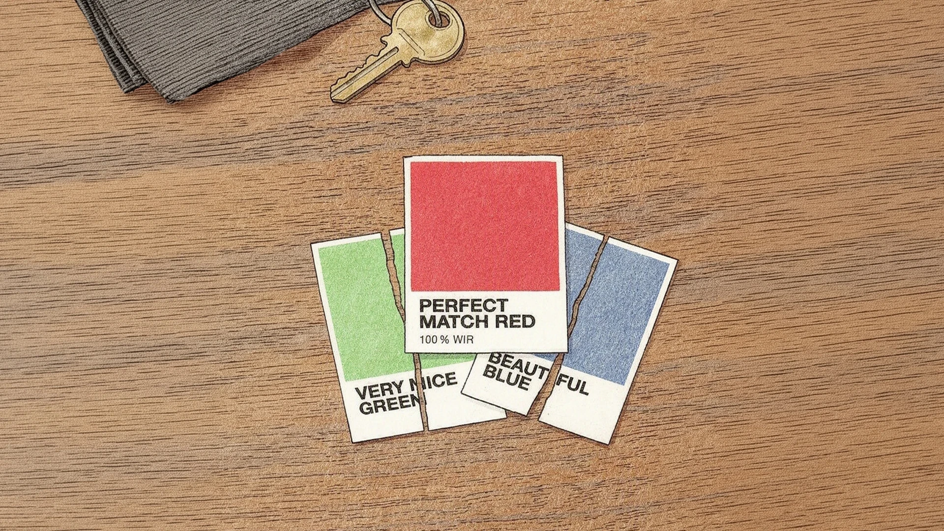 Vier Farbkarten in roter, gr&uuml;ner und blauer Farbe auf einer braunen Holzfl&auml;che, mit gerissenen Kanten. Beschriftungen: Rote Karte "Perfect Match Red 100% Wir", gr&uuml;ne Karte "Very Nice Green", rechte blaue Karte "Beautiful Blue". Oben links ein goldener Schl&uuml;ssel mit Ring.