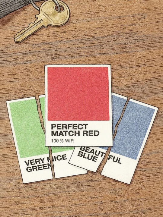 Vier Farbkarten in roter, gr&uuml;ner und blauer Farbe auf einer braunen Holzfl&auml;che, mit gerissenen Kanten. Beschriftungen: Rote Karte "Perfect Match Red 100% Wir", gr&uuml;ne Karte "Very Nice Green", rechte blaue Karte "Beautiful Blue". Oben links ein goldener Schl&uuml;ssel mit Ring.
