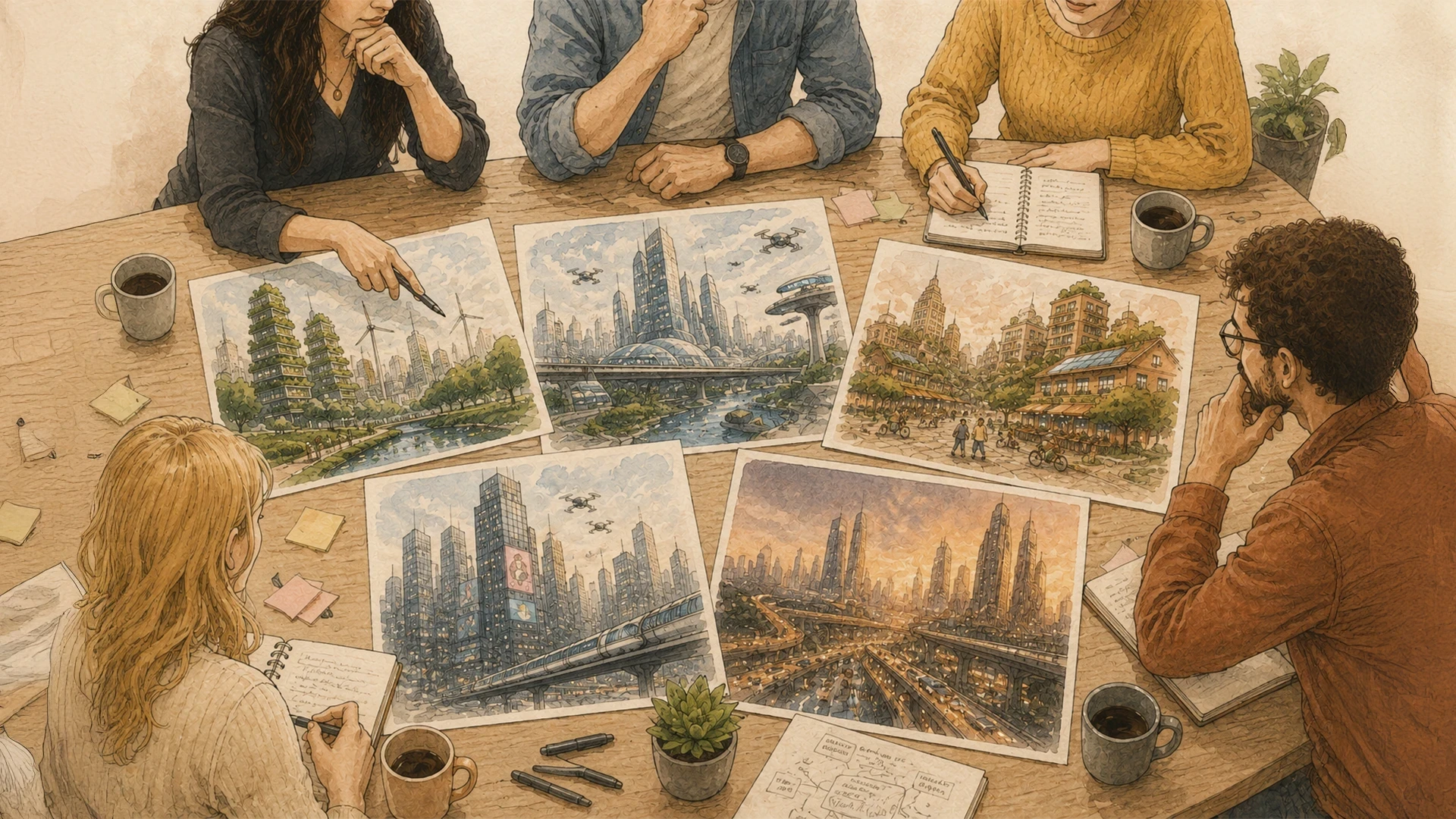 Sechs Personen sitzen an einem runden Holztisch und betrachten Konzeptzeichnungen moderner Stadtlandschaften. Die Bilder zeigen futuristische Geb&auml;ude, begr&uuml;nte T&uuml;rme, eine Br&uuml;cke, Windr&auml;der und st&auml;dtische Szenen bei Tag und Nacht. Auf dem Tisch liegen Notizb&uuml;cher, Stifte, Kaffeetassen und Post-its.
