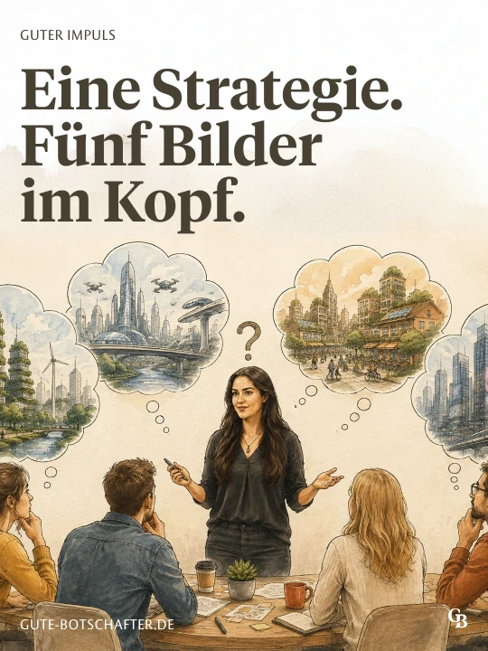 Illustration einer Frau in schwarzer Kleidung, stehend vor einem Tisch mit vier sitzenden Personen. Die Frau gestikuliert, w&auml;hrend sie spricht. &Uuml;ber ihrem Kopf befinden sich f&uuml;nf Gedankenblasen mit Szenen wie futuristischen Geb&auml;uden, Windkraftanlagen, einer Stadt mit Parks und Stra&szlig;en sowie einem modernen Stadtpanorama. Auf dem Tisch liegen Dokumente, Stifte, eine Pflanze und eine Tasse. Text oben: &bdquo;Guter Impuls. Eine Strategie. F&uuml;nf Bilder im Kopf.&ldquo; Text unten: &bdquo;gute-botschafter.de&ldquo;.