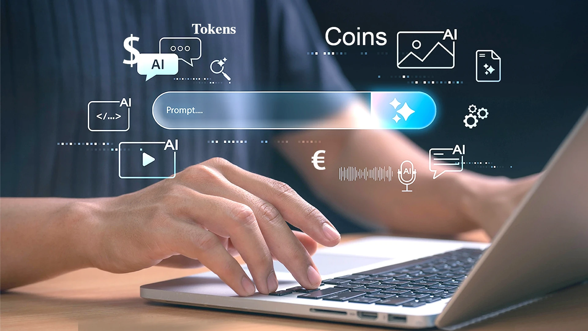 H&auml;nde einer Person, die auf einem silbernen Laptop mit schwarzer Tastatur tippt. Dar&uuml;ber schwebende Technologie-Symbole, darunter "AI", "Prompt...", "Coins" und ein Suchfeld. Zus&auml;tzliche Symbole wie Grafiken, Textelemente, Mikrofon- und W&auml;hrungssymbole in wei&szlig;er Farbe. Der Hintergrund ist unscharf in Blaut&ouml;nen gehalten.