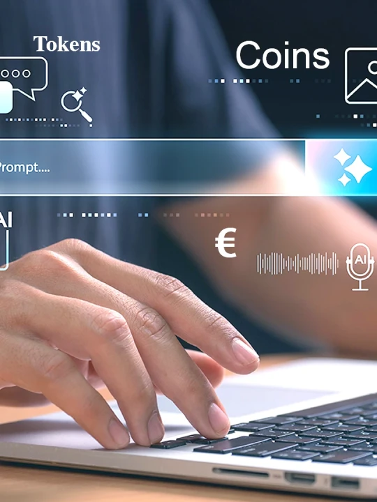 H&auml;nde einer Person auf einer Laptop-Tastatur, umgeben von schwebenden digitalen Symbolen und Texten. Symbole: M&uuml;nzen, Mikrofon, W&auml;hrungssymbole (&euro;/$), Bilderrahmen, Videos, Dokumente, Token, KI-Label, und das Wort "Prompt". &Uuml;ber dem Laptop ein leuchtendes Suchfeld. Texturen und Farben: Helles Blau, Wei&szlig; und Graut&ouml;ne.
