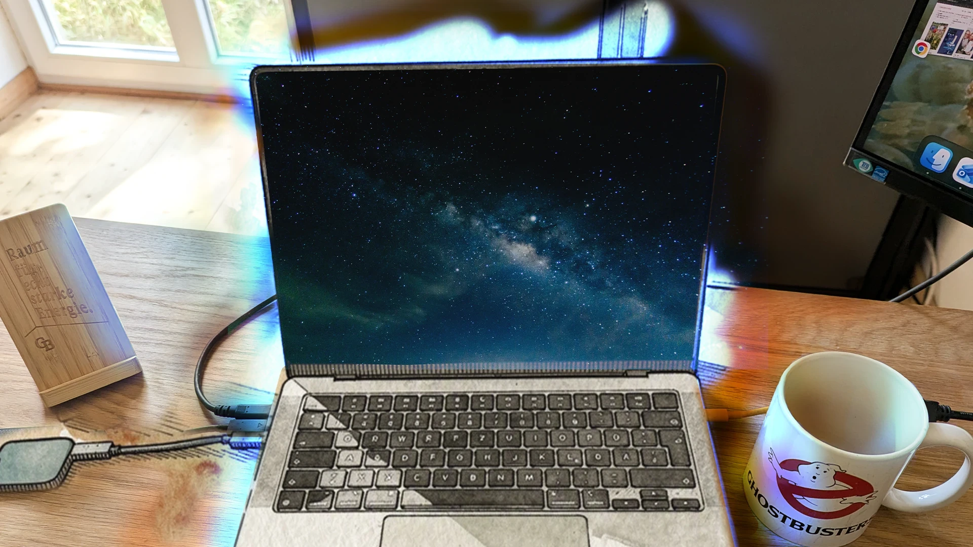 Ge&ouml;ffneter Laptop auf Holztisch, Bildschirm zeigt Sternenhimmel mit Milchstra&szlig;e. Links eine Holz-Handystation, rechts eine wei&szlig;e Tasse mit Ghostbusters-Logo. Im Hintergrund Fenster mit Tageslicht und ein Monitor mit sichtbaren Icons.