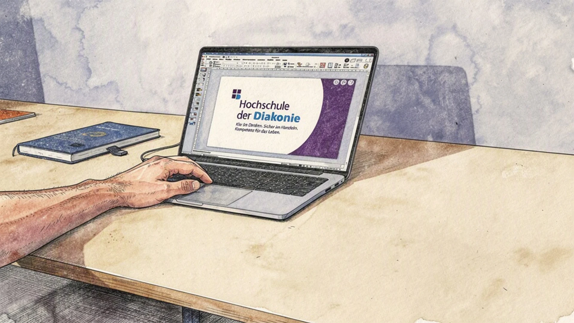 Illustration eines Schreibtisches mit hellem Holz. Eine Person verwendet einen silbernen Laptop, auf dessen Bildschirm das Logo der "Hochschule der Diakonie" angezeigt wird, einschlie&szlig;lich des Textes "Gut f&uuml;r Menschen. Nah bei Gott." Links daneben ein geschlossenes, blaugraues Buch mit Leseb&auml;ndchen. Der Hintergrund wirkt aquarellartig.